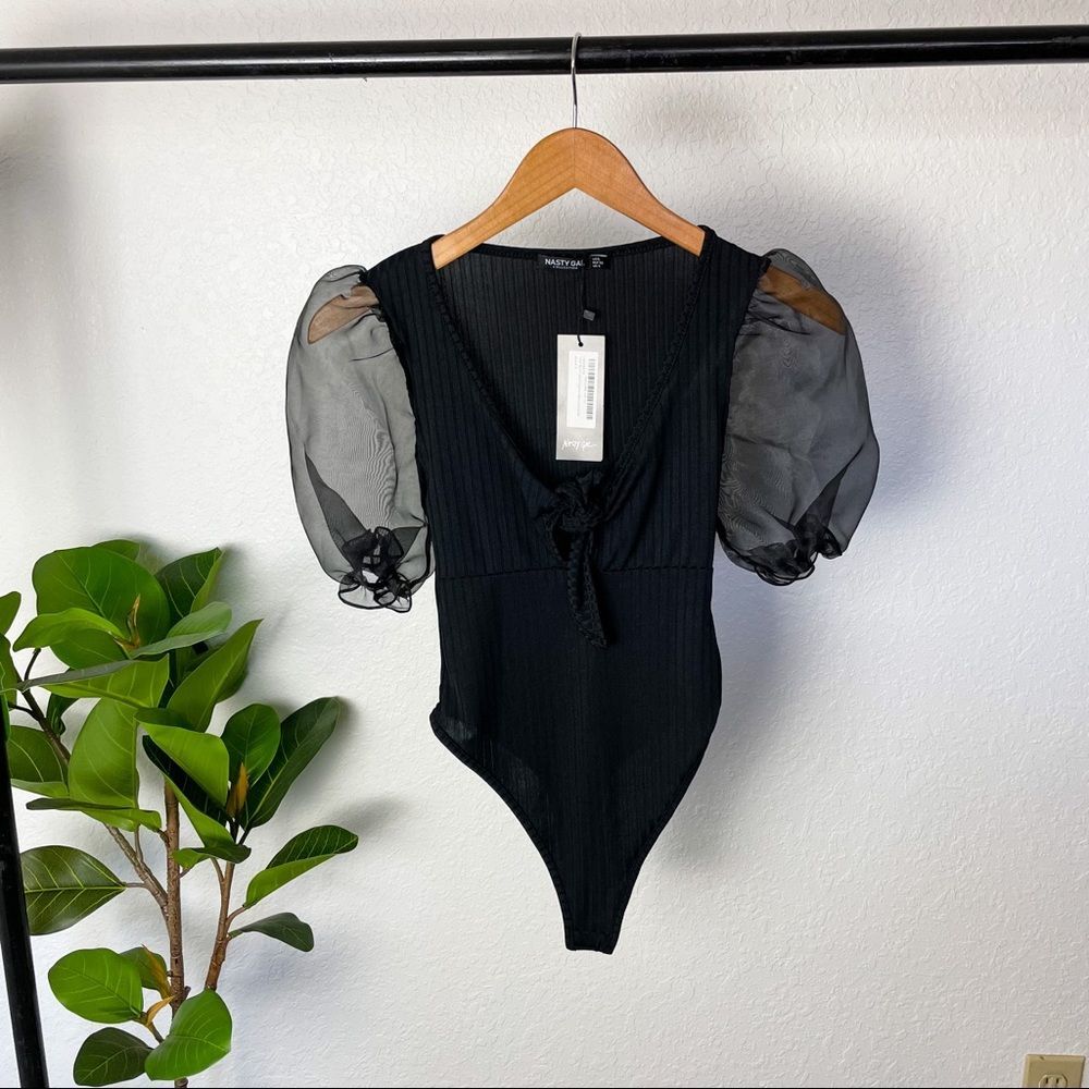 New Nasty Gal Black Sheer Mesh Puff Sleeve Ribbed Bodysuit Whimsigoth Size 8
